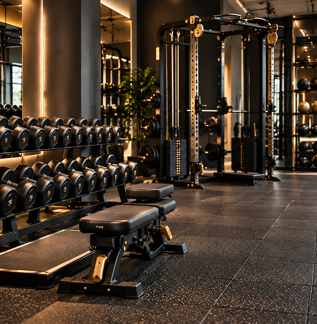 Dumbbells and strength equipment in a gym